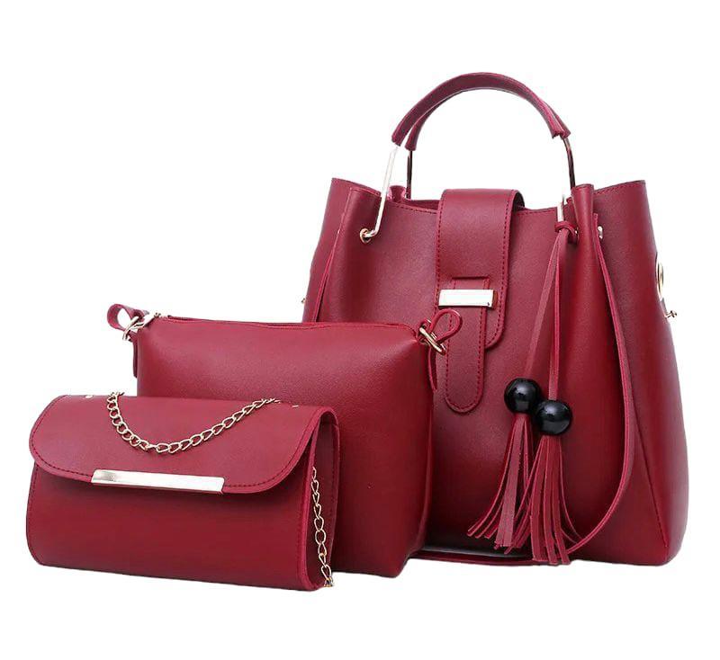 Stylish Pink Leather Hand Bag Set - 3 Pcs for Girls