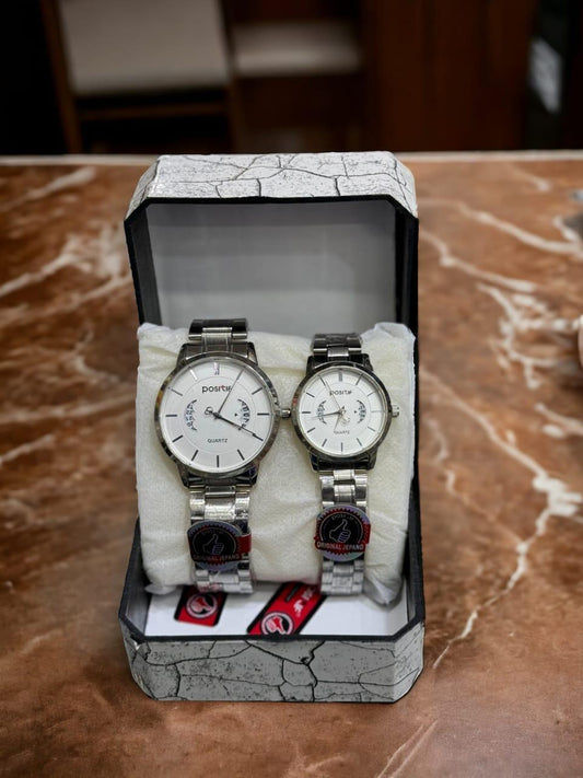 Stainless Steel Quartz Couple Watches - 2 Pcs Analogue Set