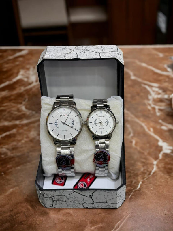 Stainless Steel Quartz Couple Watches - 2 Pcs Analogue Set