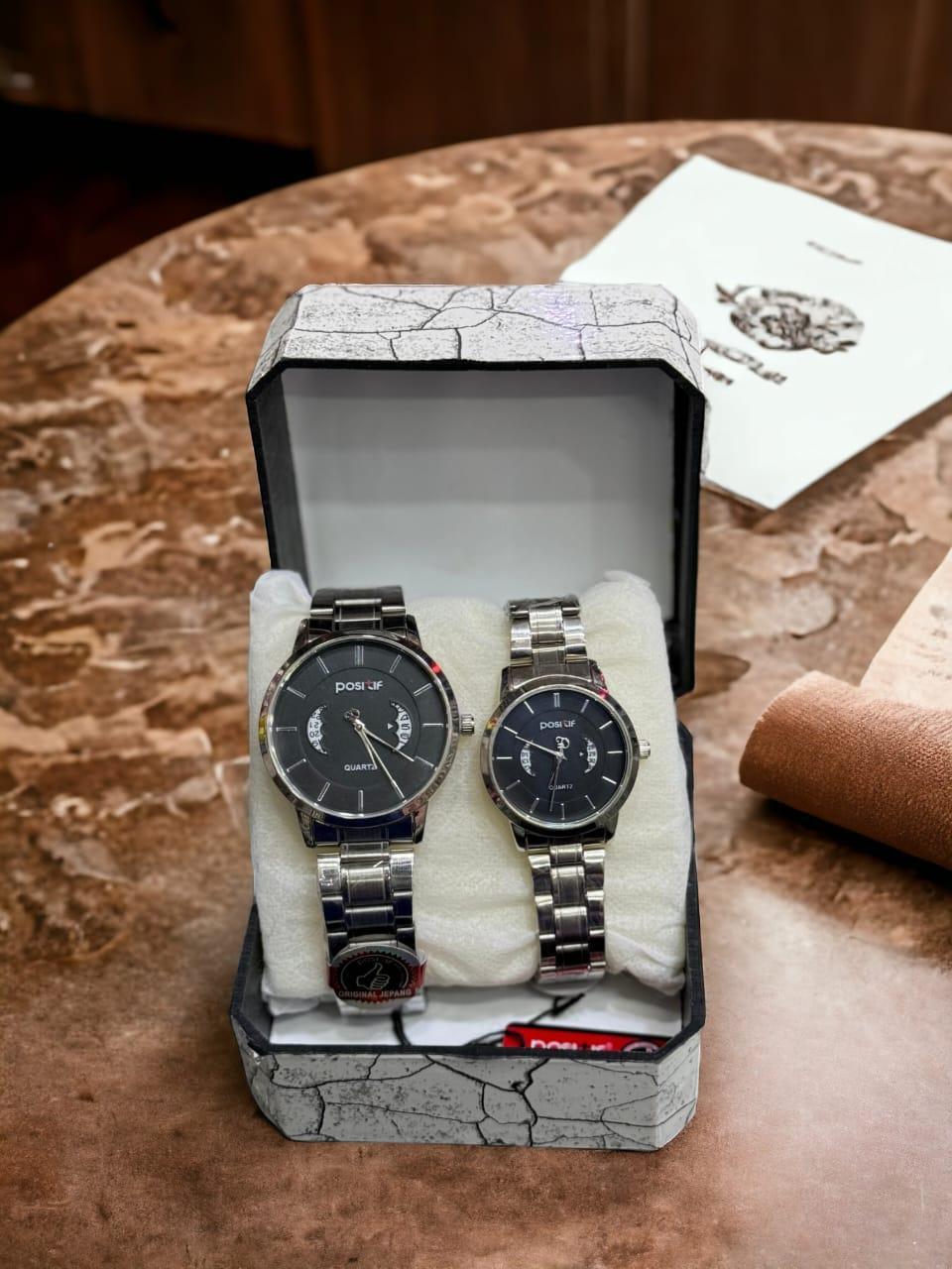 Stainless Steel Quartz Couple Watches - 2 Pcs Analogue Set