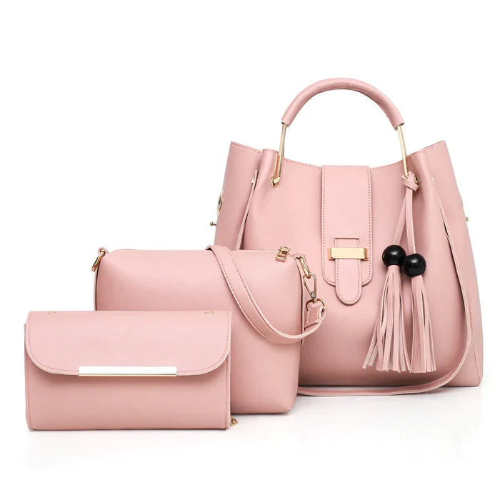 Stylish Pink Leather Hand Bag Set - 3 Pcs for Girls
