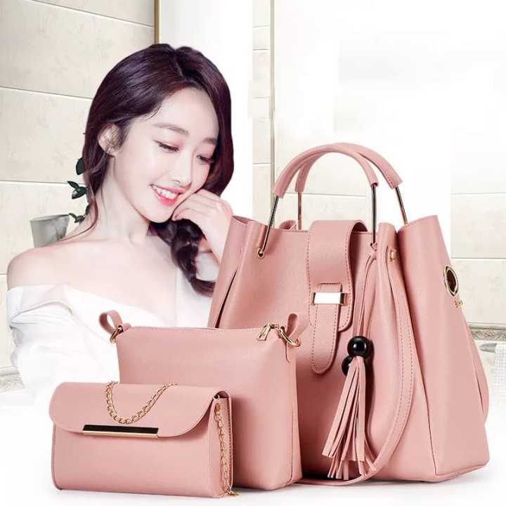 Stylish Pink Leather Hand Bag Set - 3 Pcs for Girls