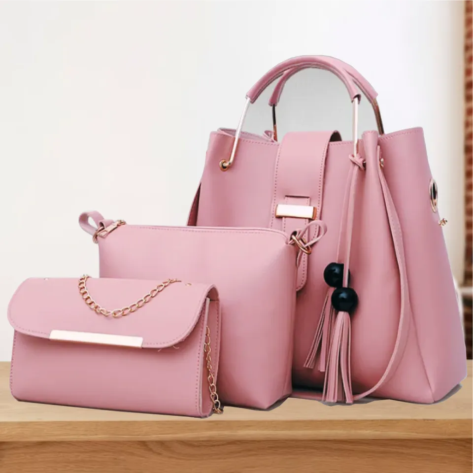 Stylish Pink Leather Hand Bag Set - 3 Pcs for Girls