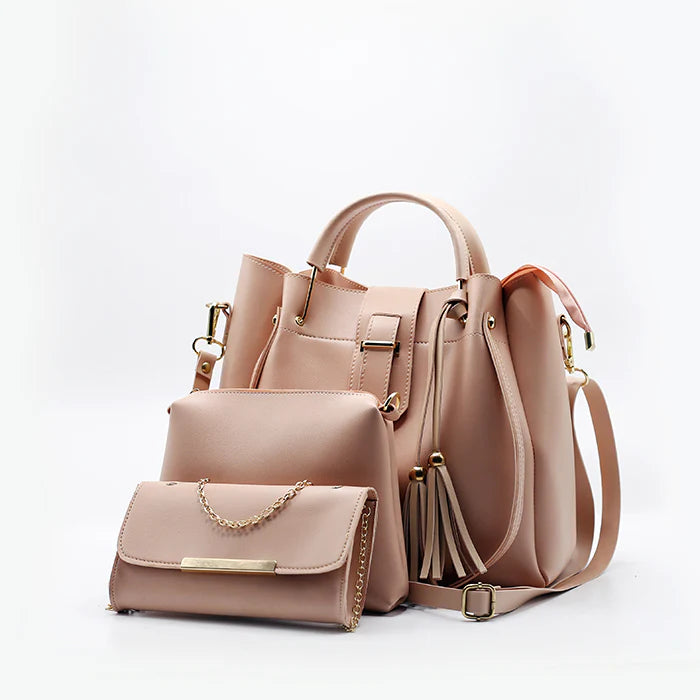 Stylish Pink Leather Hand Bag Set - 3 Pcs for Girls